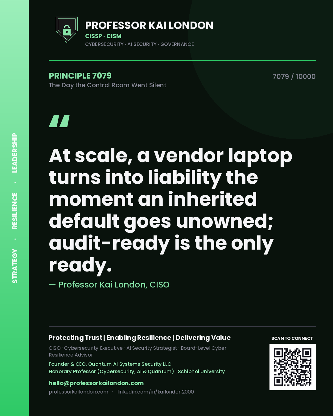 Professor Kai London principle 7079: At scale, a vendor laptop turns into liability the moment an inherited default goes unowned; audit-ready is the only ready.