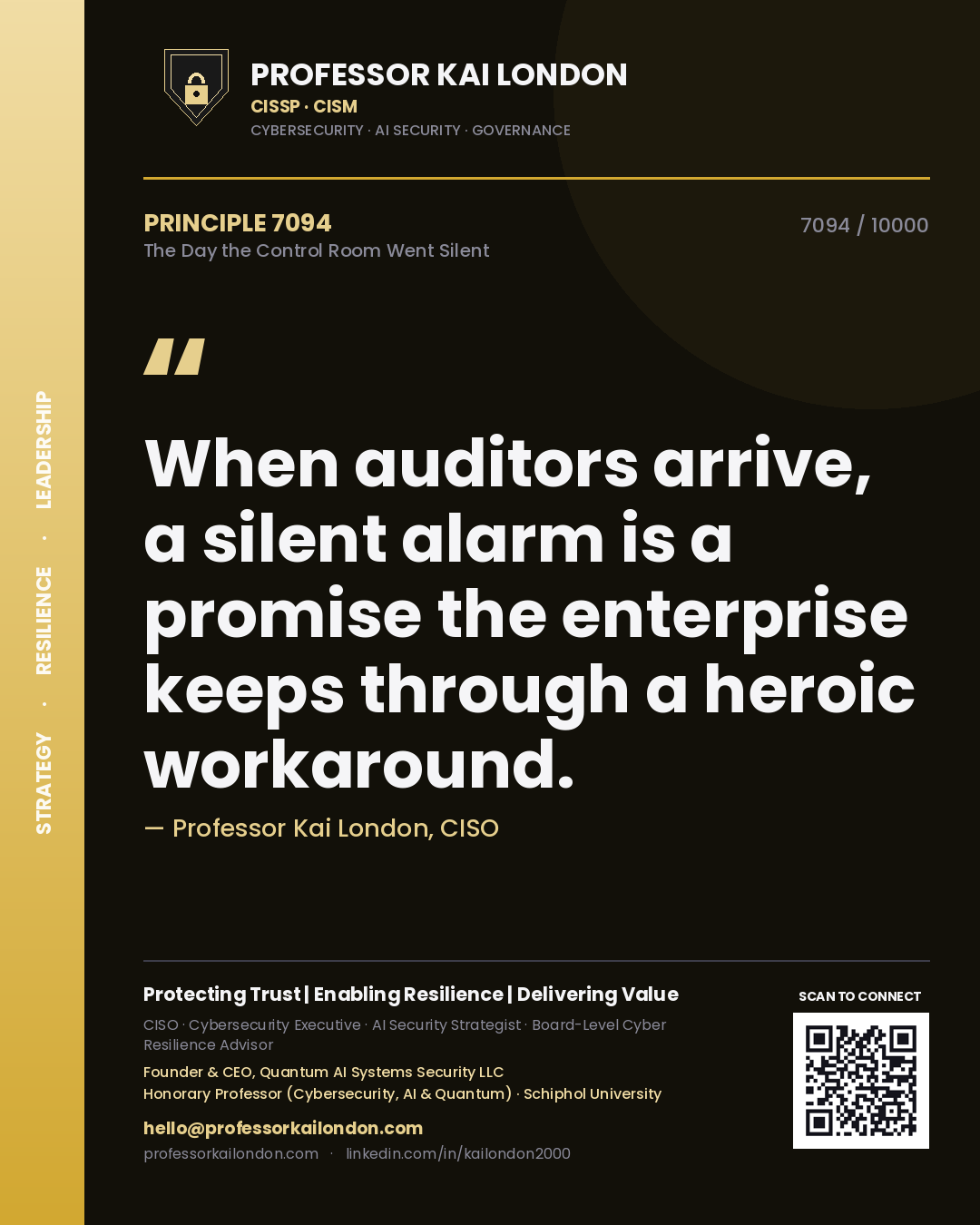 Professor Kai London principle 7094: When auditors arrive, a silent alarm is a promise the enterprise keeps through a heroic workaround.