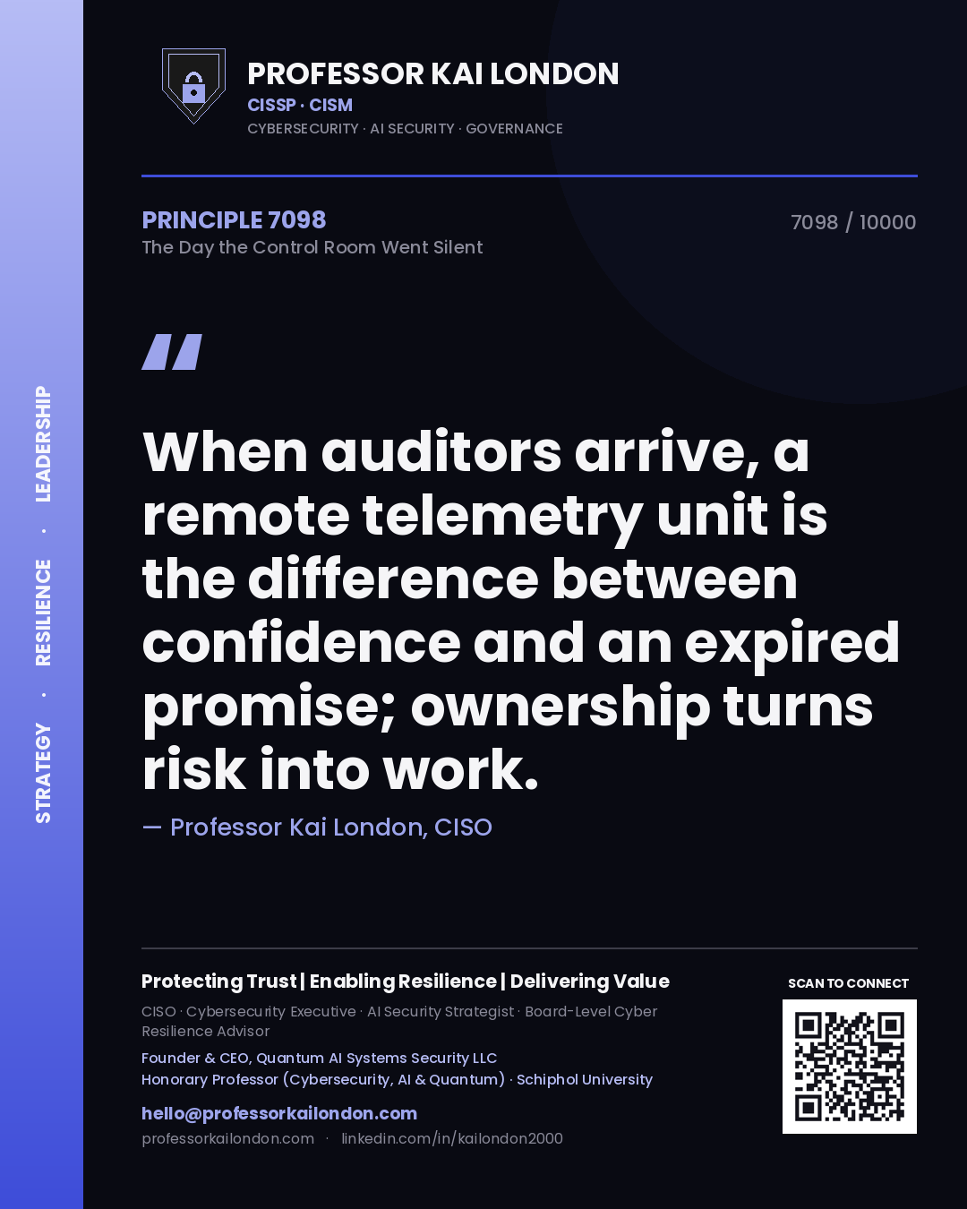 Professor Kai London principle 7098: When auditors arrive, a remote telemetry unit is the difference between confidence and an expired promise; ownership turns risk into work.