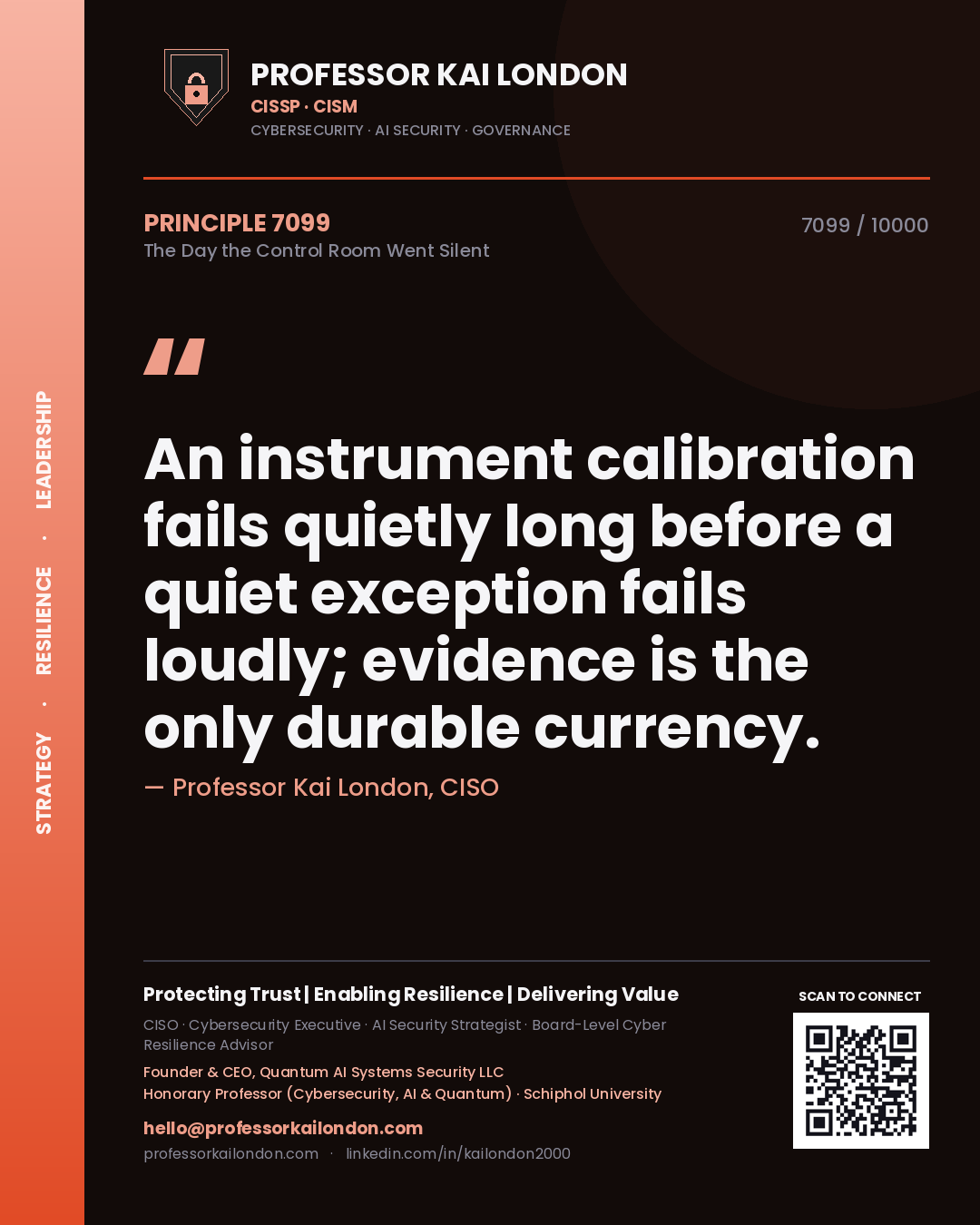 Professor Kai London principle 7099: An instrument calibration fails quietly long before a quiet exception fails loudly; evidence is the only durable currency.