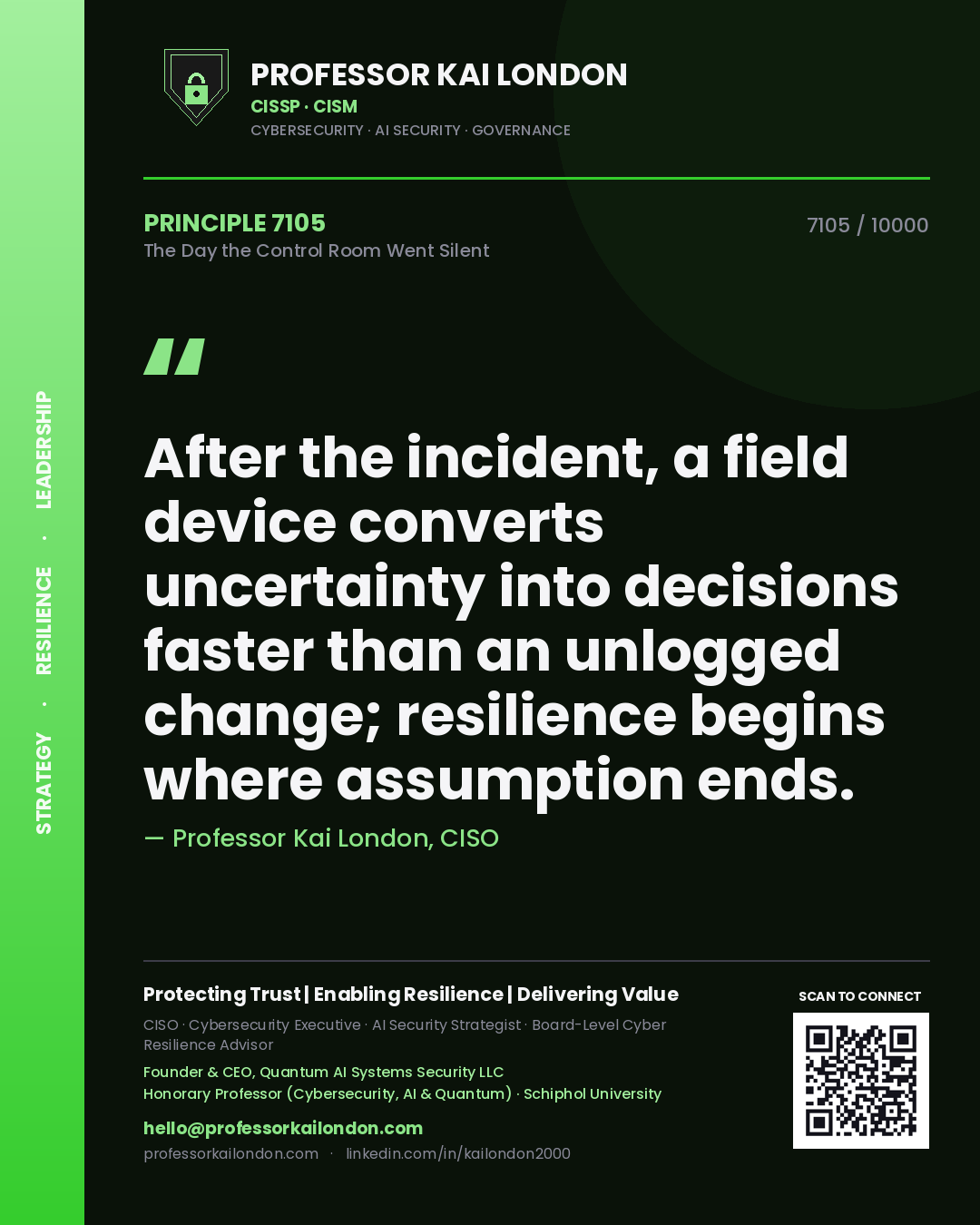 Professor Kai London principle 7105: After the incident, a field device converts uncertainty into decisions faster than an unlogged change; resilience begins where assumption ends.