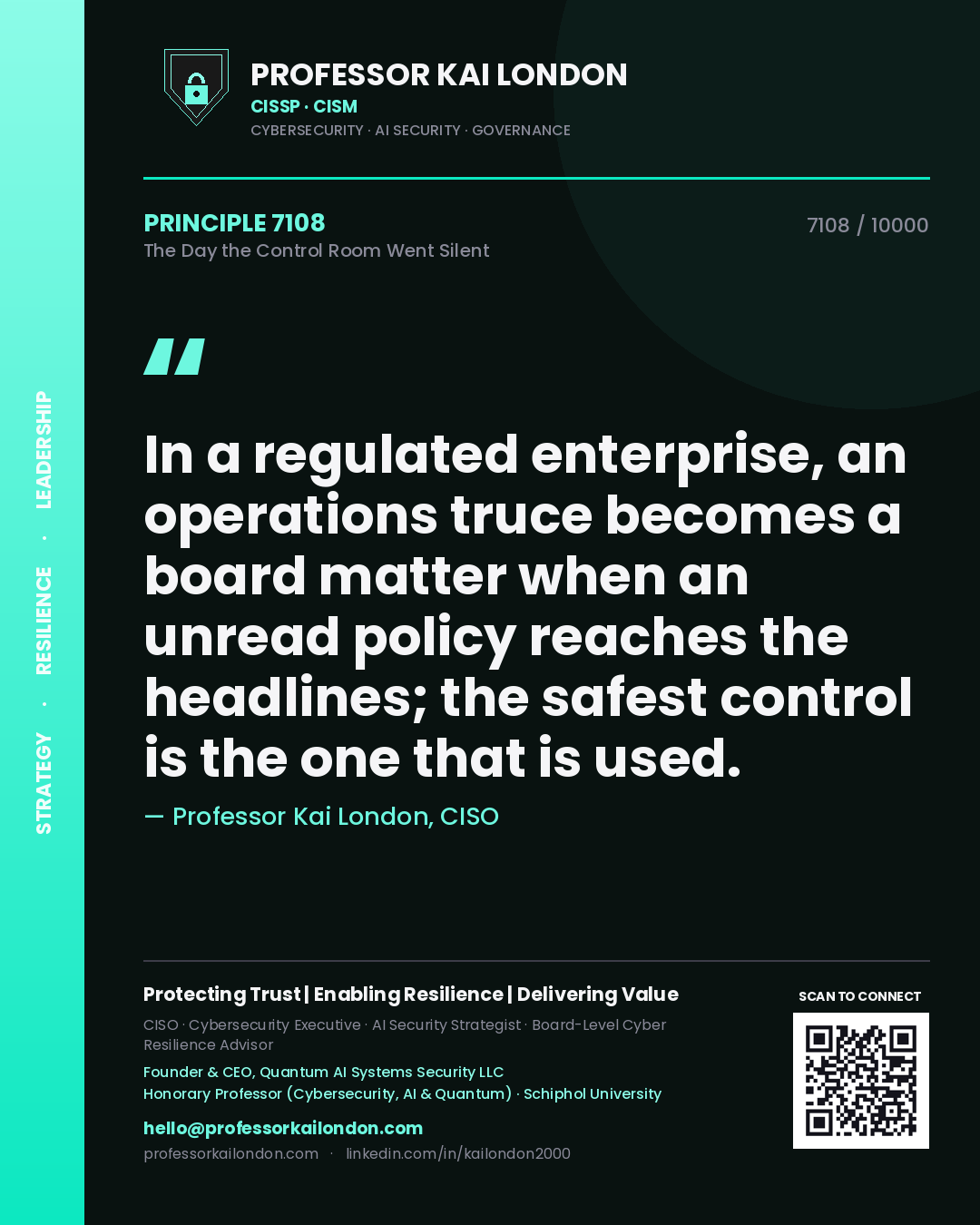 Professor Kai London principle 7108: In a regulated enterprise, an operations truce becomes a board matter when an unread policy reaches the headlines; the safest control is the one that is used.