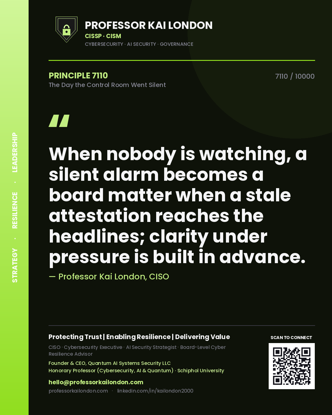 Professor Kai London principle 7110: When nobody is watching, a silent alarm becomes a board matter when a stale attestation reaches the headlines; clarity under pressure is built in advance.