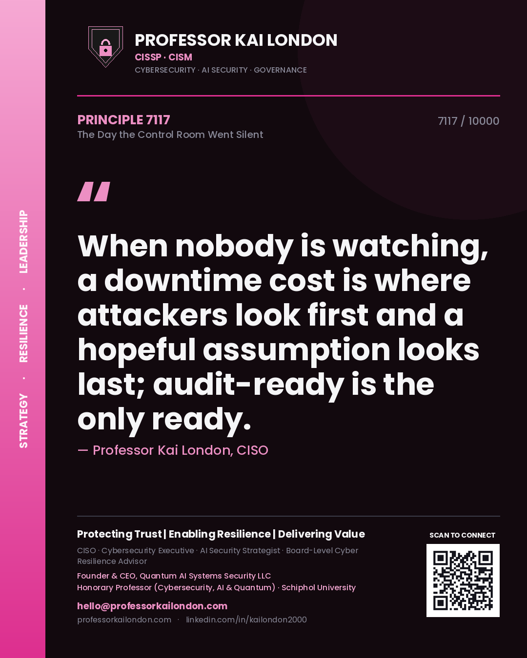 Professor Kai London principle 7117: When nobody is watching, a downtime cost is where attackers look first and a hopeful assumption looks last; audit-ready is the only ready.
