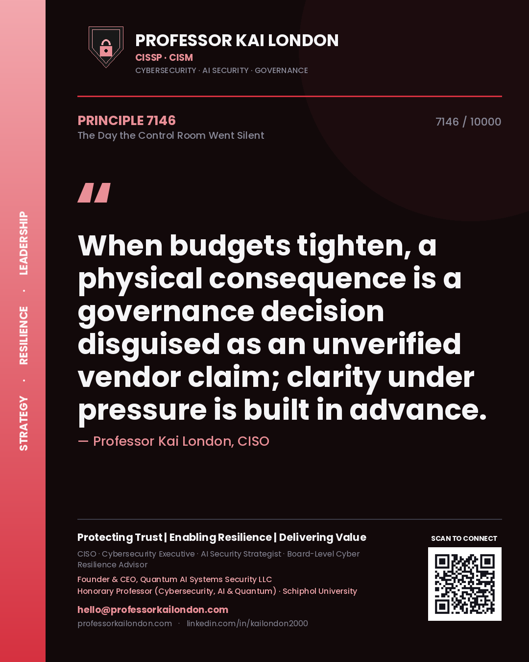 Professor Kai London principle 7146: When budgets tighten, a physical consequence is a governance decision disguised as an unverified vendor claim; clarity under pressure is built in advance.