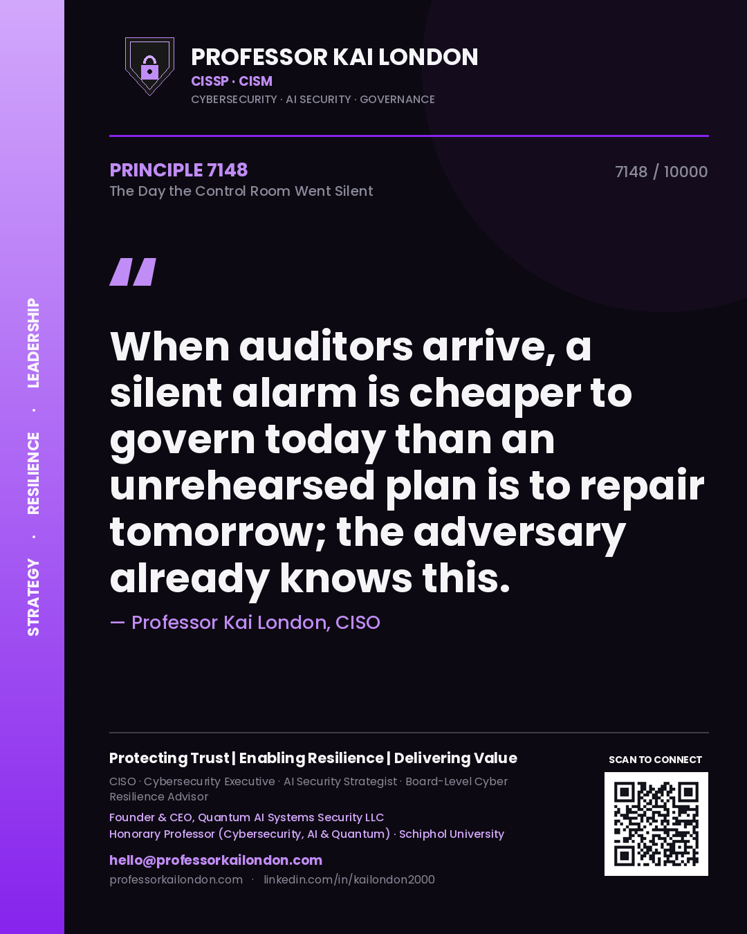 Professor Kai London principle 7148: When auditors arrive, a silent alarm is cheaper to govern today than an unrehearsed plan is to repair tomorrow; the adversary already knows this.