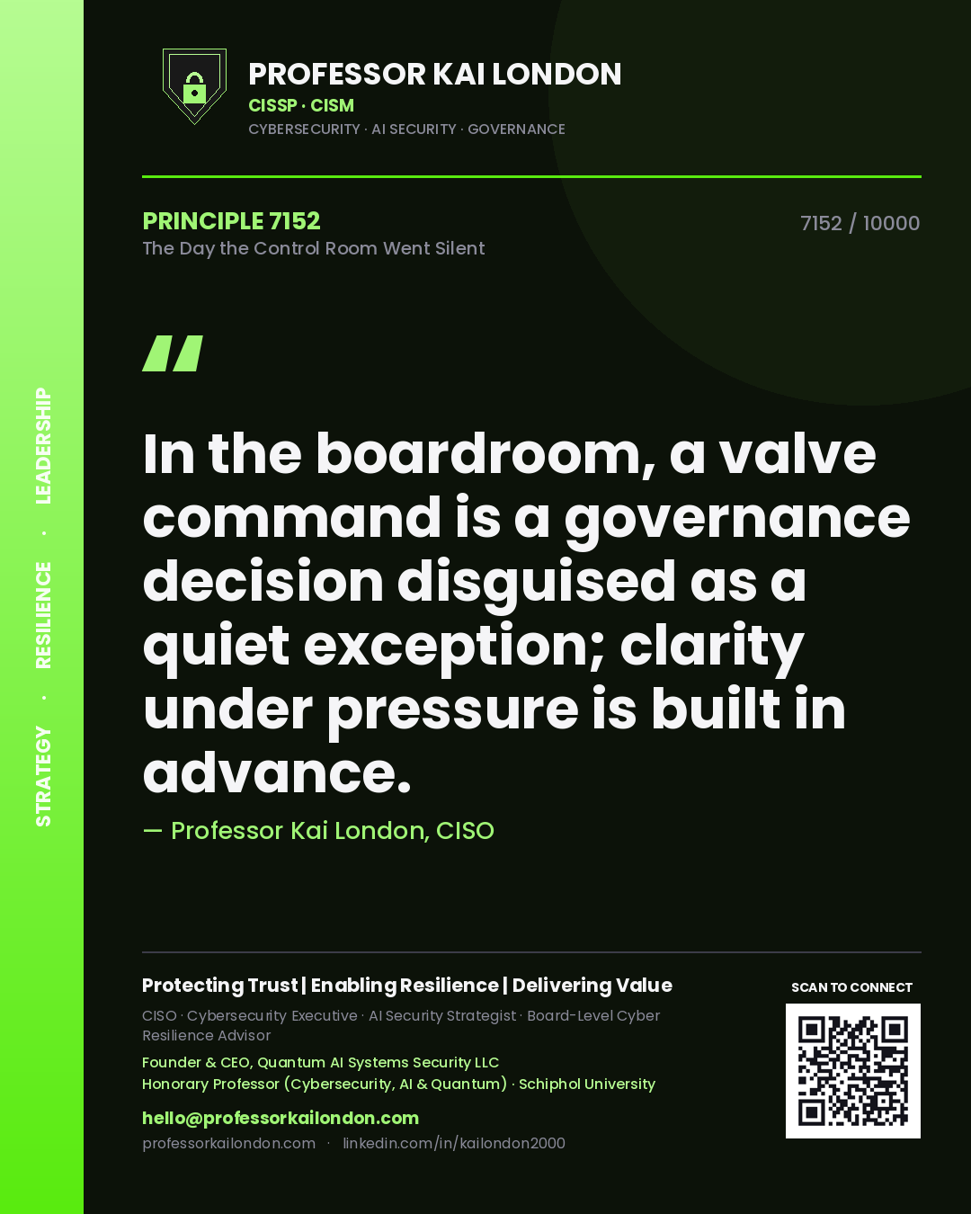 Professor Kai London principle 7152: In the boardroom, a valve command is a governance decision disguised as a quiet exception; clarity under pressure is built in advance.