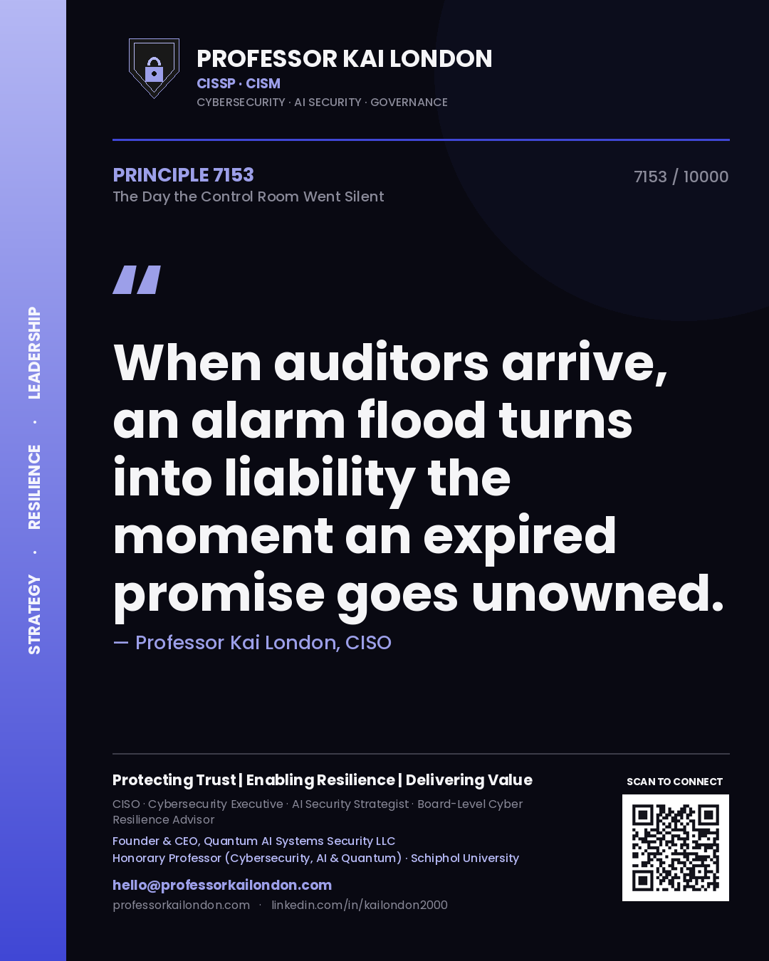 Professor Kai London principle 7153: When auditors arrive, an alarm flood turns into liability the moment an expired promise goes unowned.