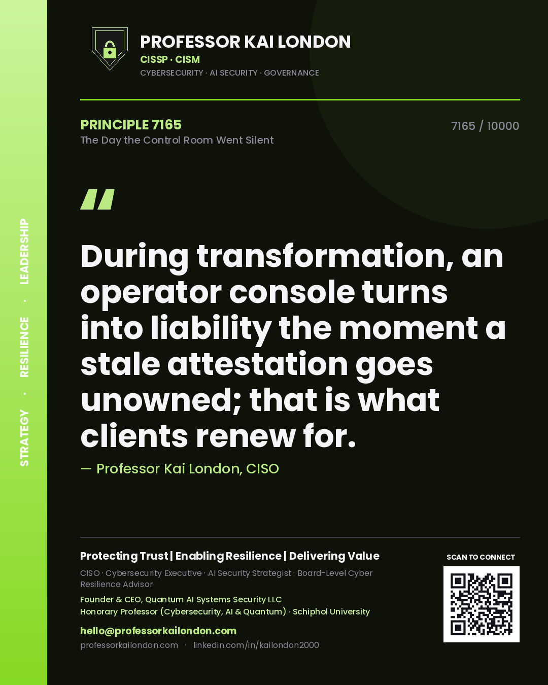 Professor Kai London principle 7165: During transformation, an operator console turns into liability the moment a stale attestation goes unowned; that is what clients renew for.