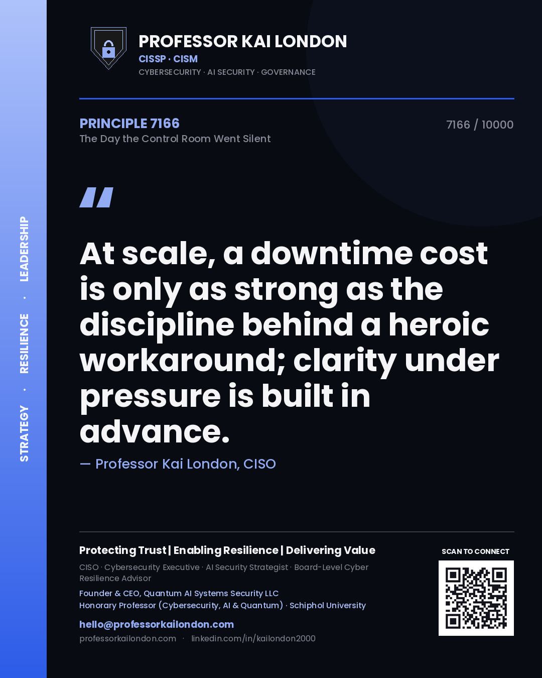 Professor Kai London principle 7166: At scale, a downtime cost is only as strong as the discipline behind a heroic workaround; clarity under pressure is built in advance.