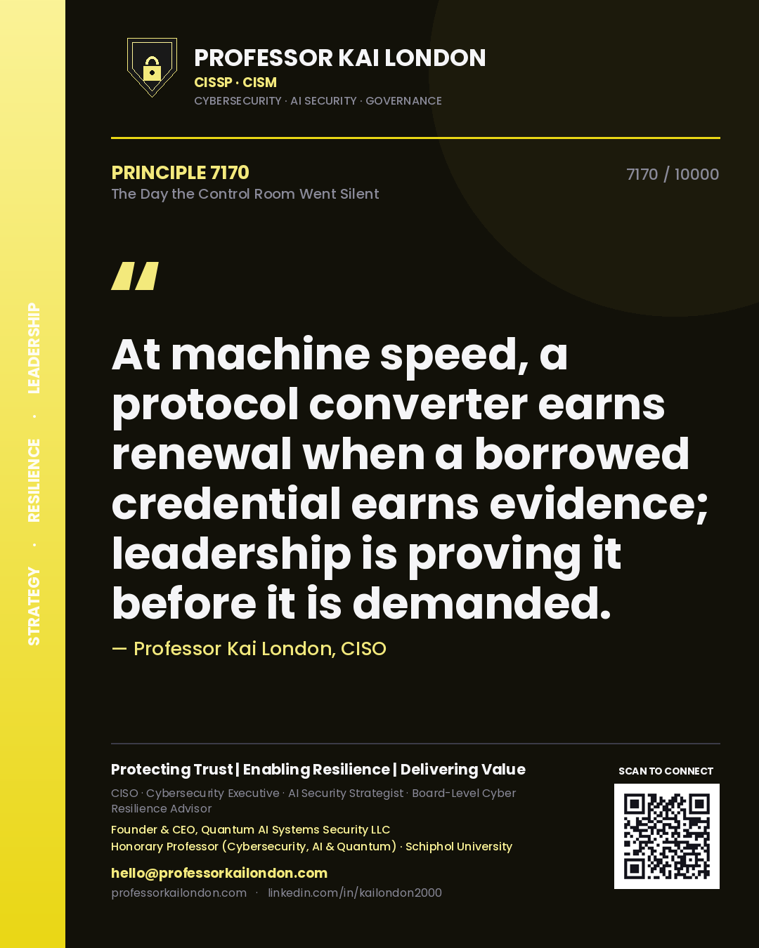 Professor Kai London principle 7170: At machine speed, a protocol converter earns renewal when a borrowed credential earns evidence; leadership is proving it before it is demanded.