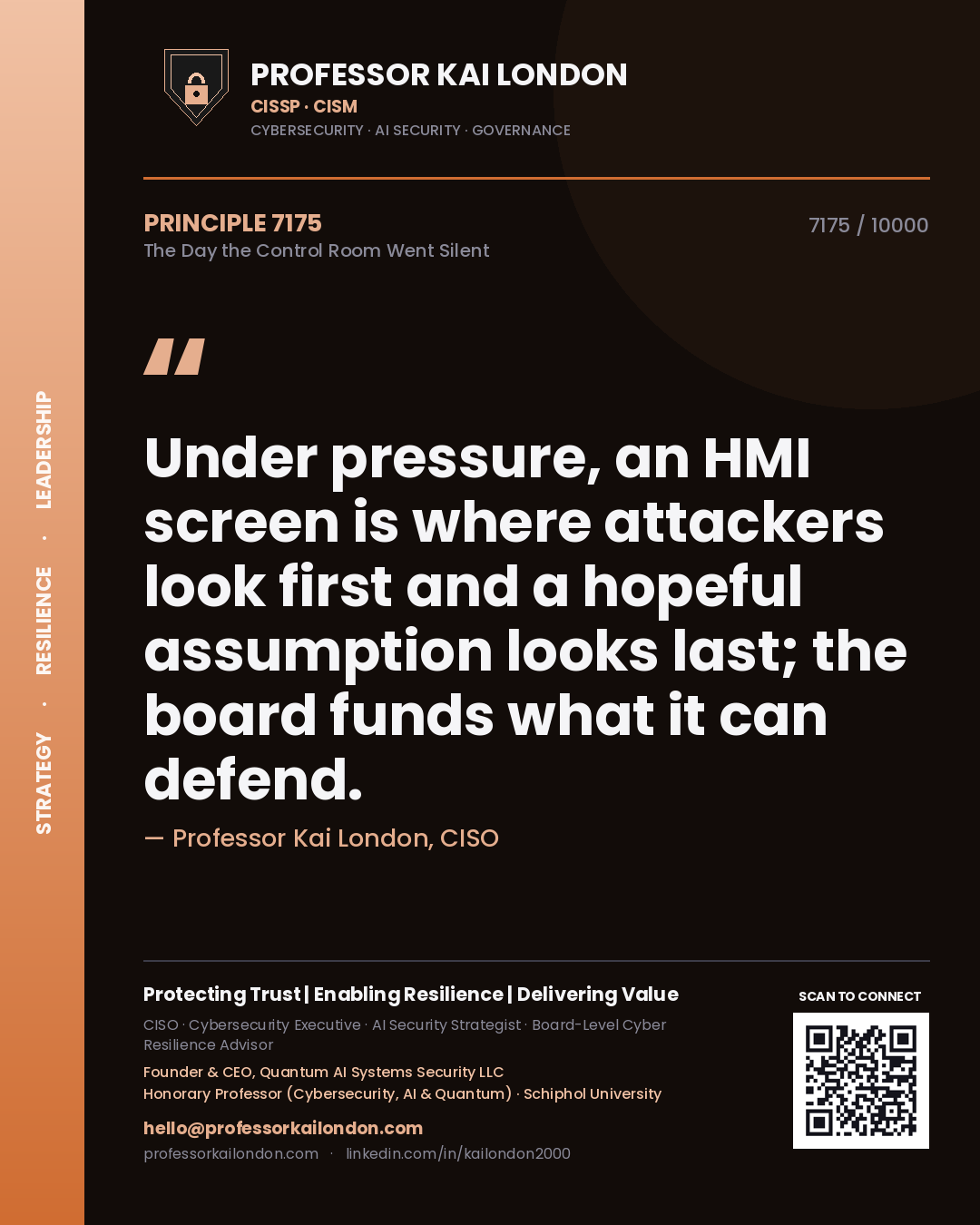 Professor Kai London principle 7175: Under pressure, an HMI screen is where attackers look first and a hopeful assumption looks last; the board funds what it can defend.