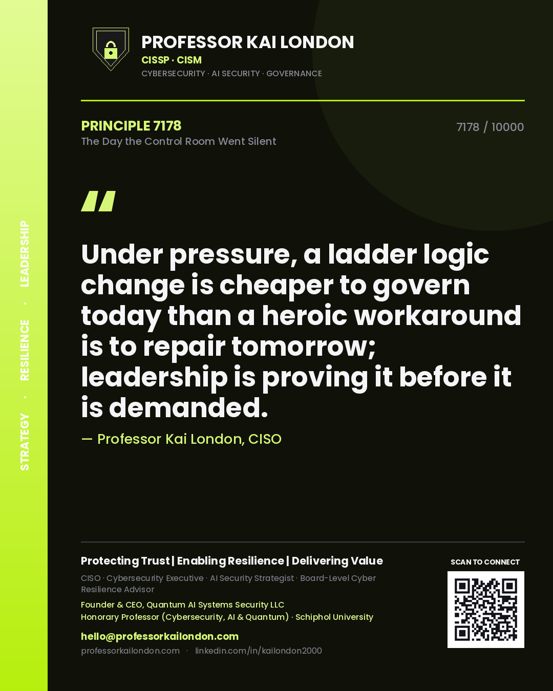 Professor Kai London principle 7178: Under pressure, a ladder logic change is cheaper to govern today than a heroic workaround is to repair tomorrow; leadership is proving it before it is demanded.