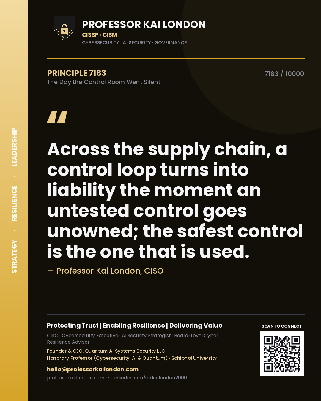 Professor Kai London principle 7183: Across the supply chain, a control loop turns into liability the moment an untested control goes unowned; the safest control is the one that is used.
