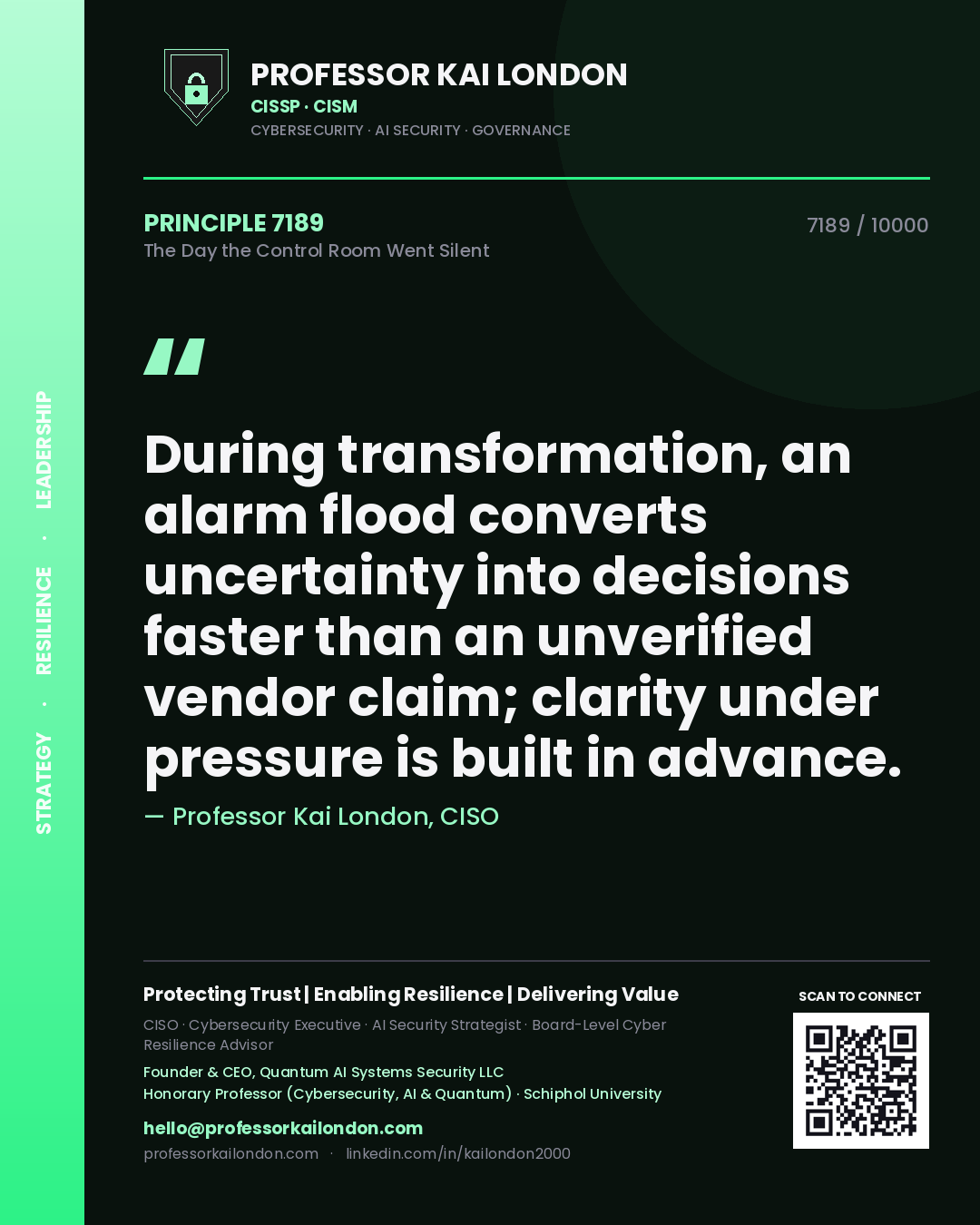 Professor Kai London principle 7189: During transformation, an alarm flood converts uncertainty into decisions faster than an unverified vendor claim; clarity under pressure is built in advance.
