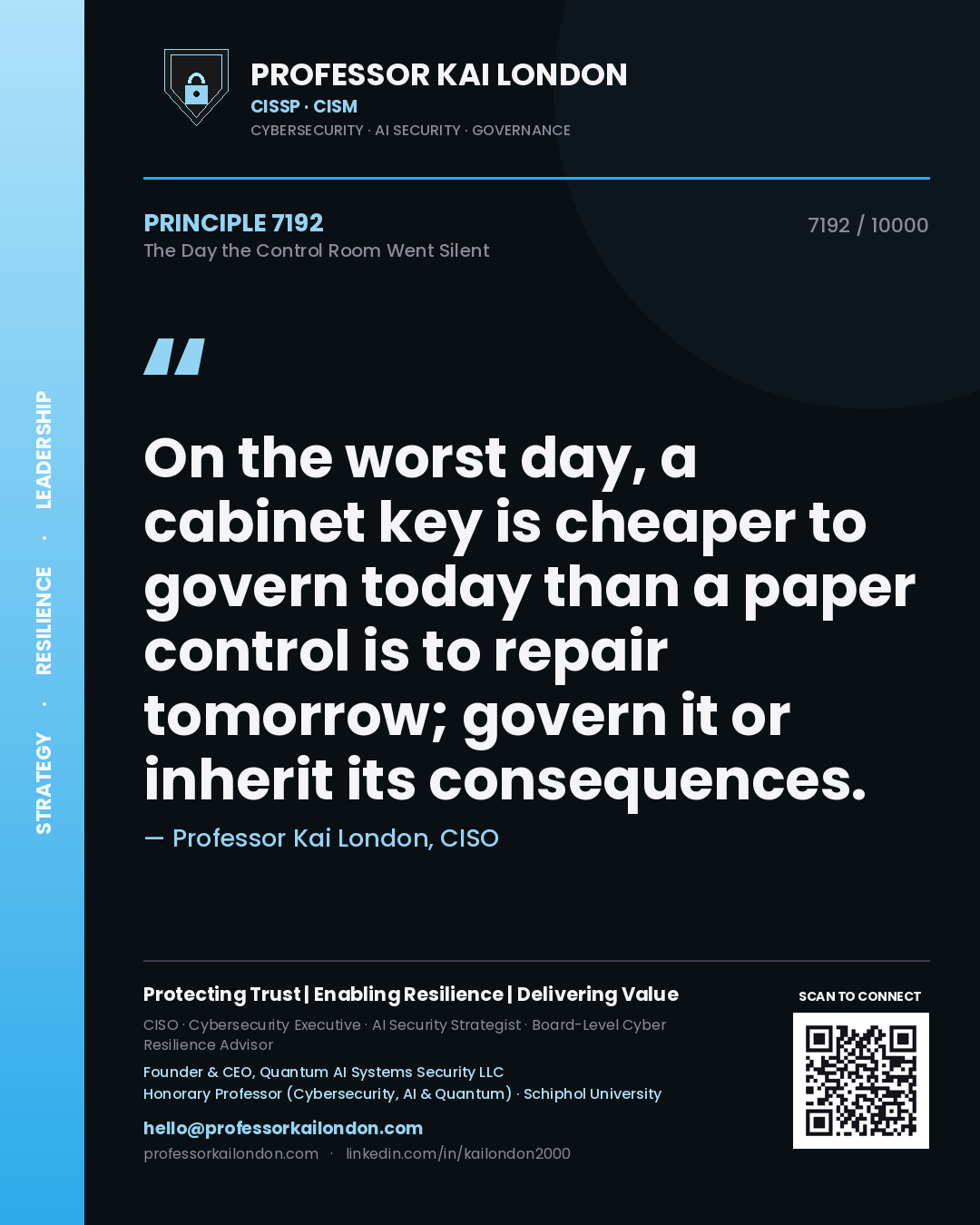 Professor Kai London principle 7192: On the worst day, a cabinet key is cheaper to govern today than a paper control is to repair tomorrow; govern it or inherit its consequences.