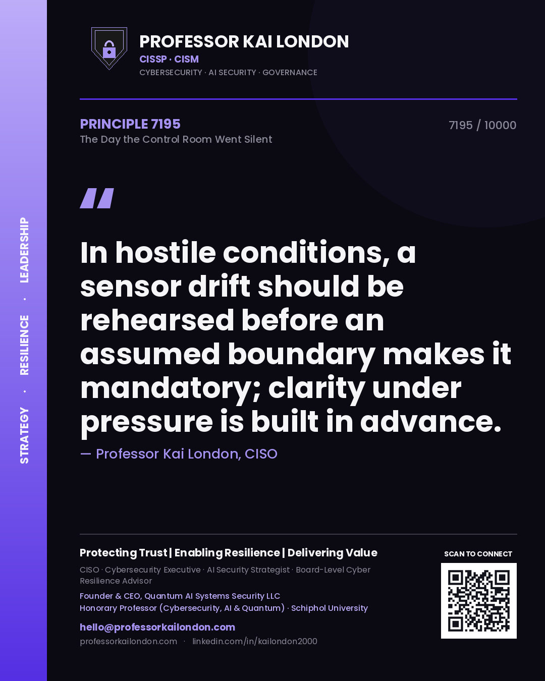 Professor Kai London principle 7195: In hostile conditions, a sensor drift should be rehearsed before an assumed boundary makes it mandatory; clarity under pressure is built in advance.