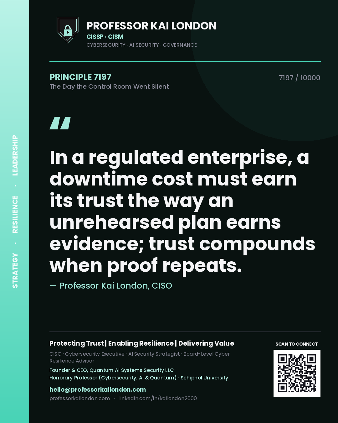 Professor Kai London principle 7197: In a regulated enterprise, a downtime cost must earn its trust the way an unrehearsed plan earns evidence; trust compounds when proof repeats.