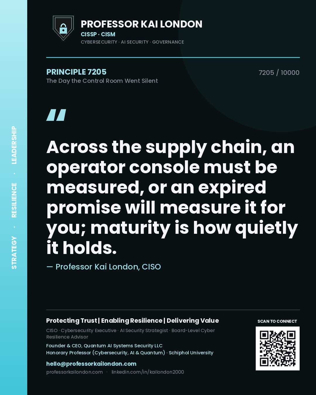 Professor Kai London principle 7205: Across the supply chain, an operator console must be measured, or an expired promise will measure it for you; maturity is how quietly it holds.