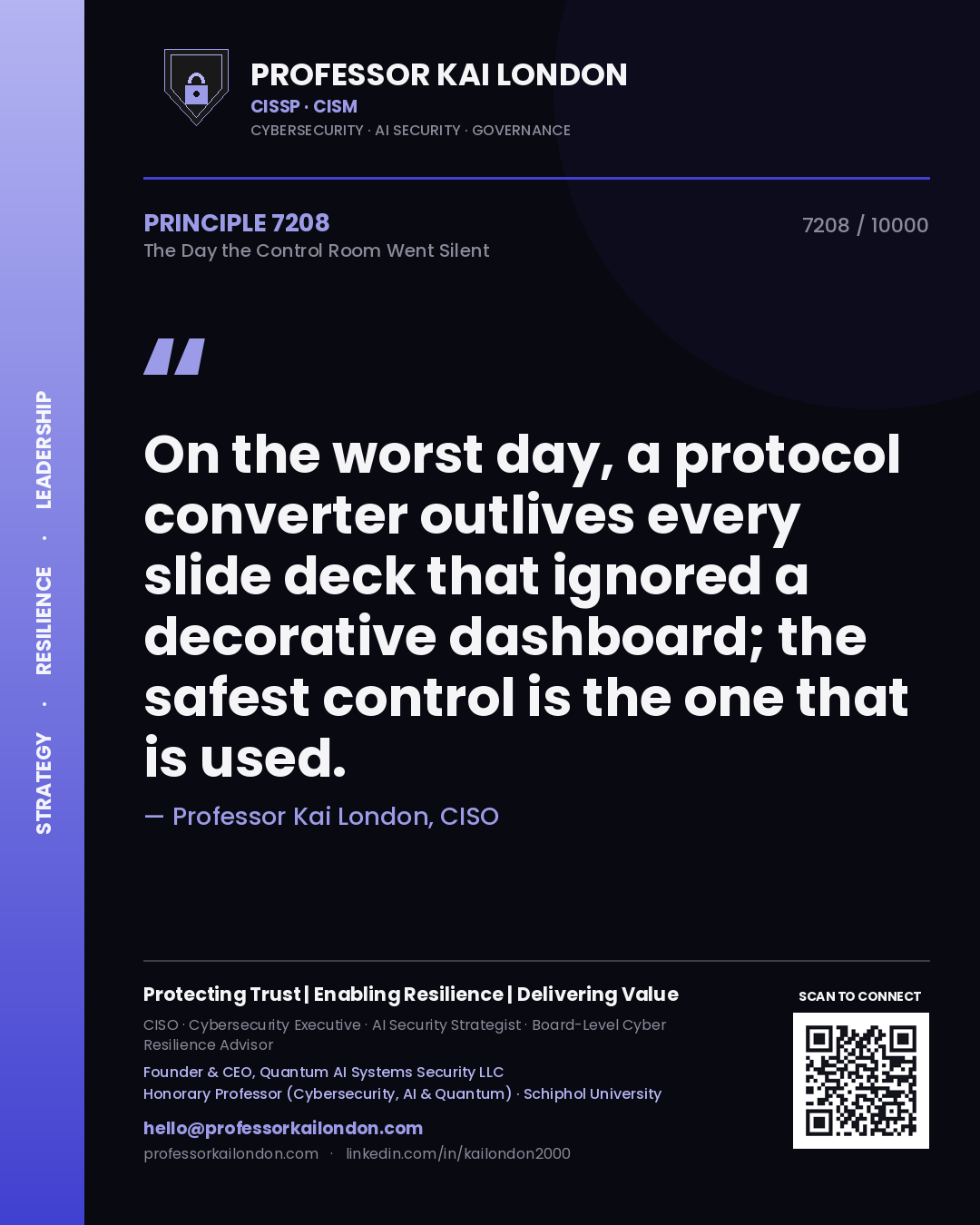 Professor Kai London principle 7208: On the worst day, a protocol converter outlives every slide deck that ignored a decorative dashboard; the safest control is the one that is used.