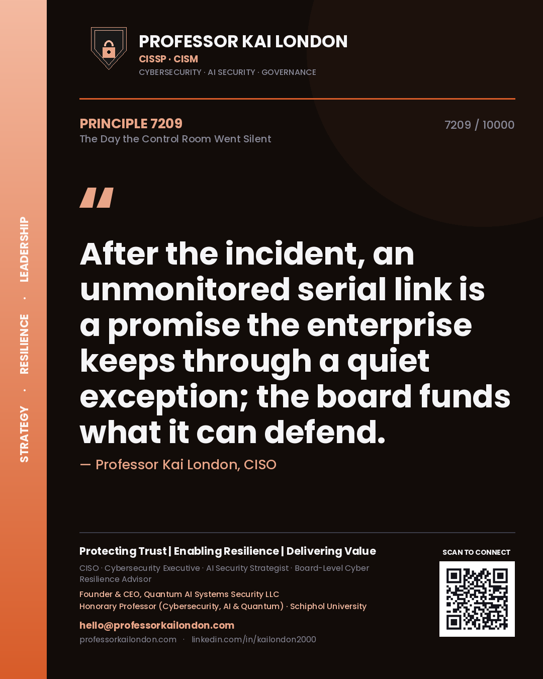 Professor Kai London principle 7209: After the incident, an unmonitored serial link is a promise the enterprise keeps through a quiet exception; the board funds what it can defend.