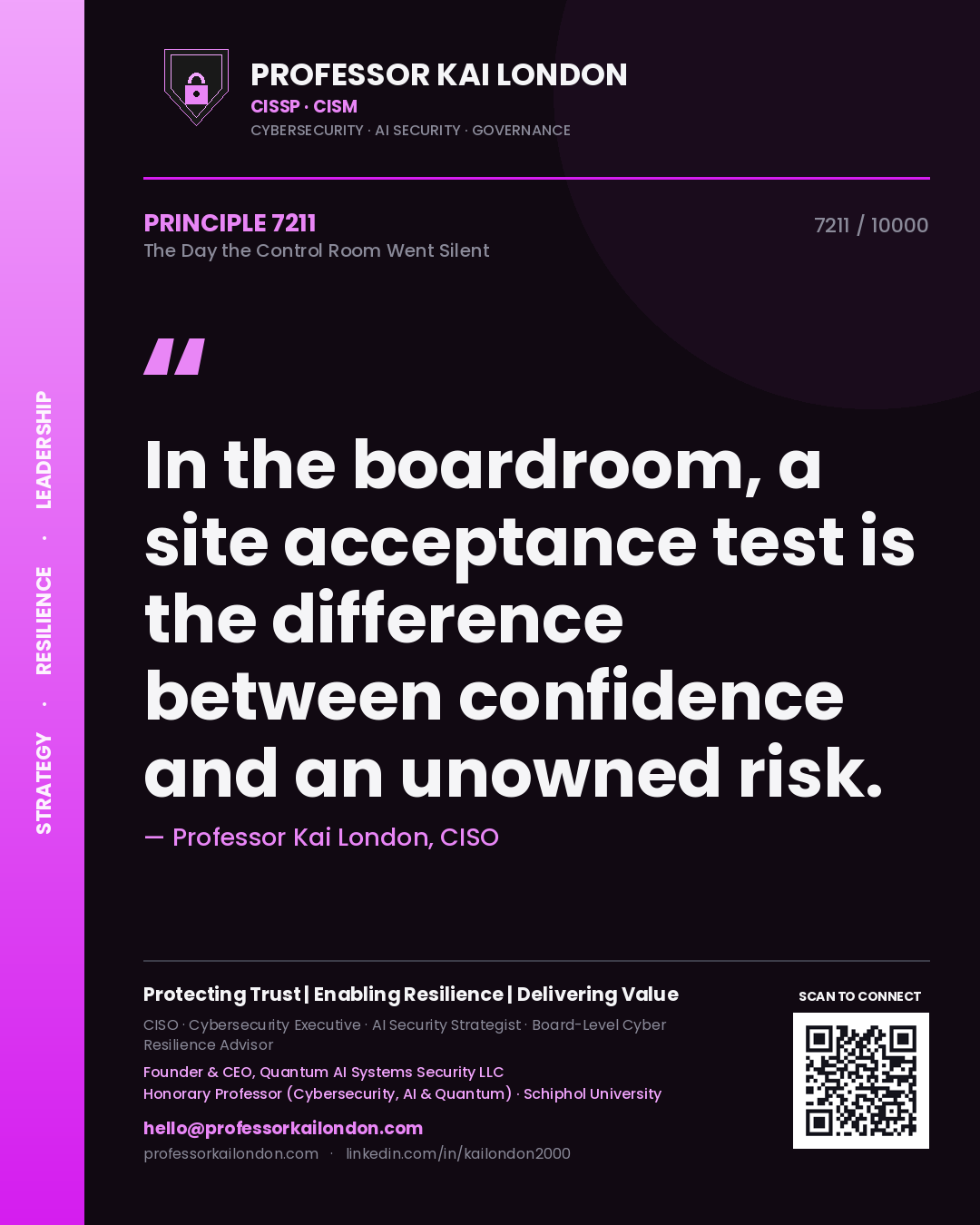 Professor Kai London principle 7211: In the boardroom, a site acceptance test is the difference between confidence and an unowned risk.
