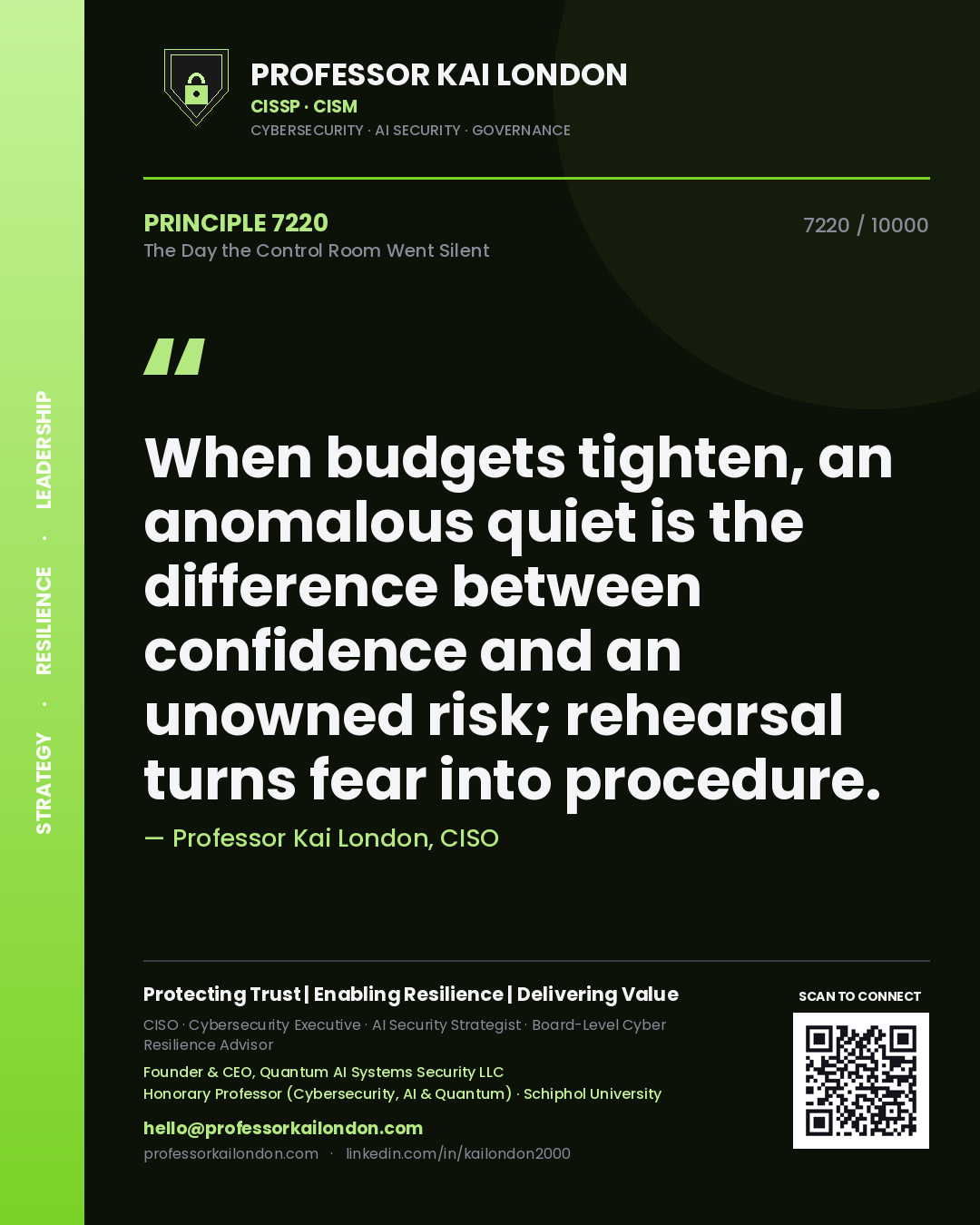 Professor Kai London principle 7220: When budgets tighten, an anomalous quiet is the difference between confidence and an unowned risk; rehearsal turns fear into procedure.