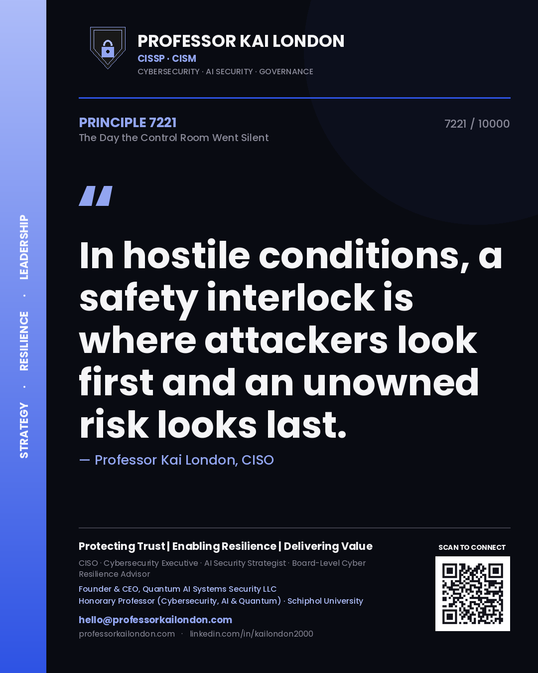Professor Kai London principle 7221: In hostile conditions, a safety interlock is where attackers look first and an unowned risk looks last.