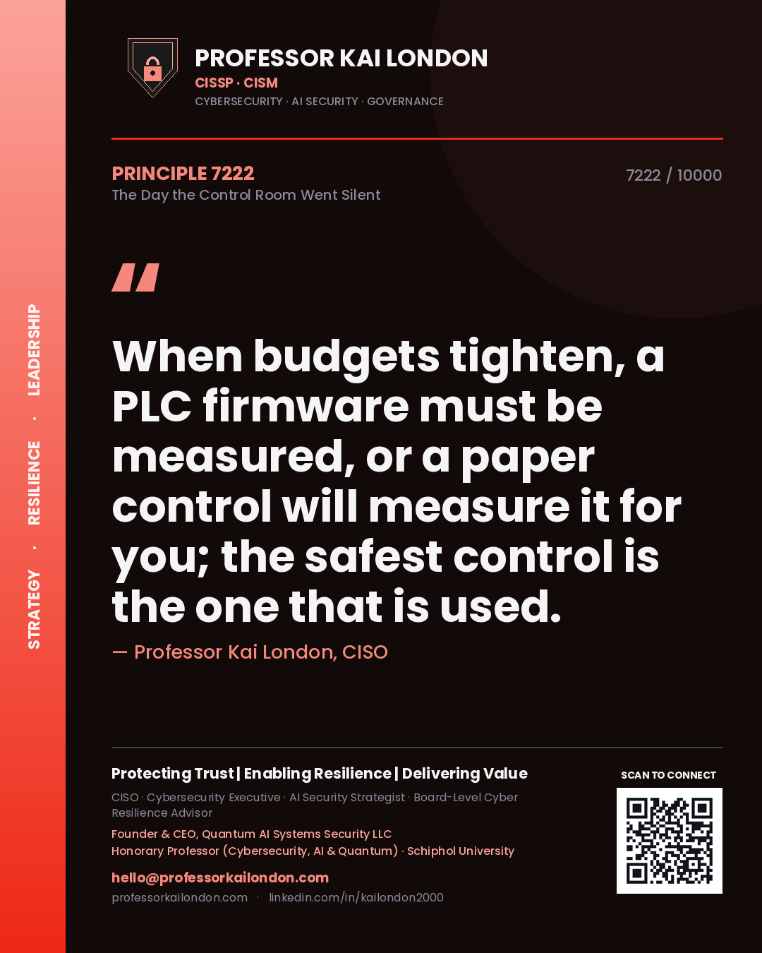 Professor Kai London principle 7222: When budgets tighten, a PLC firmware must be measured, or a paper control will measure it for you; the safest control is the one that is used.