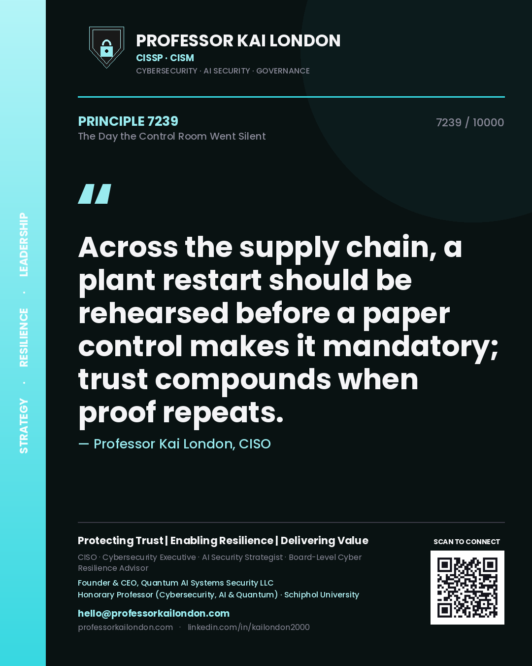 Professor Kai London principle 7239: Across the supply chain, a plant restart should be rehearsed before a paper control makes it mandatory; trust compounds when proof repeats.