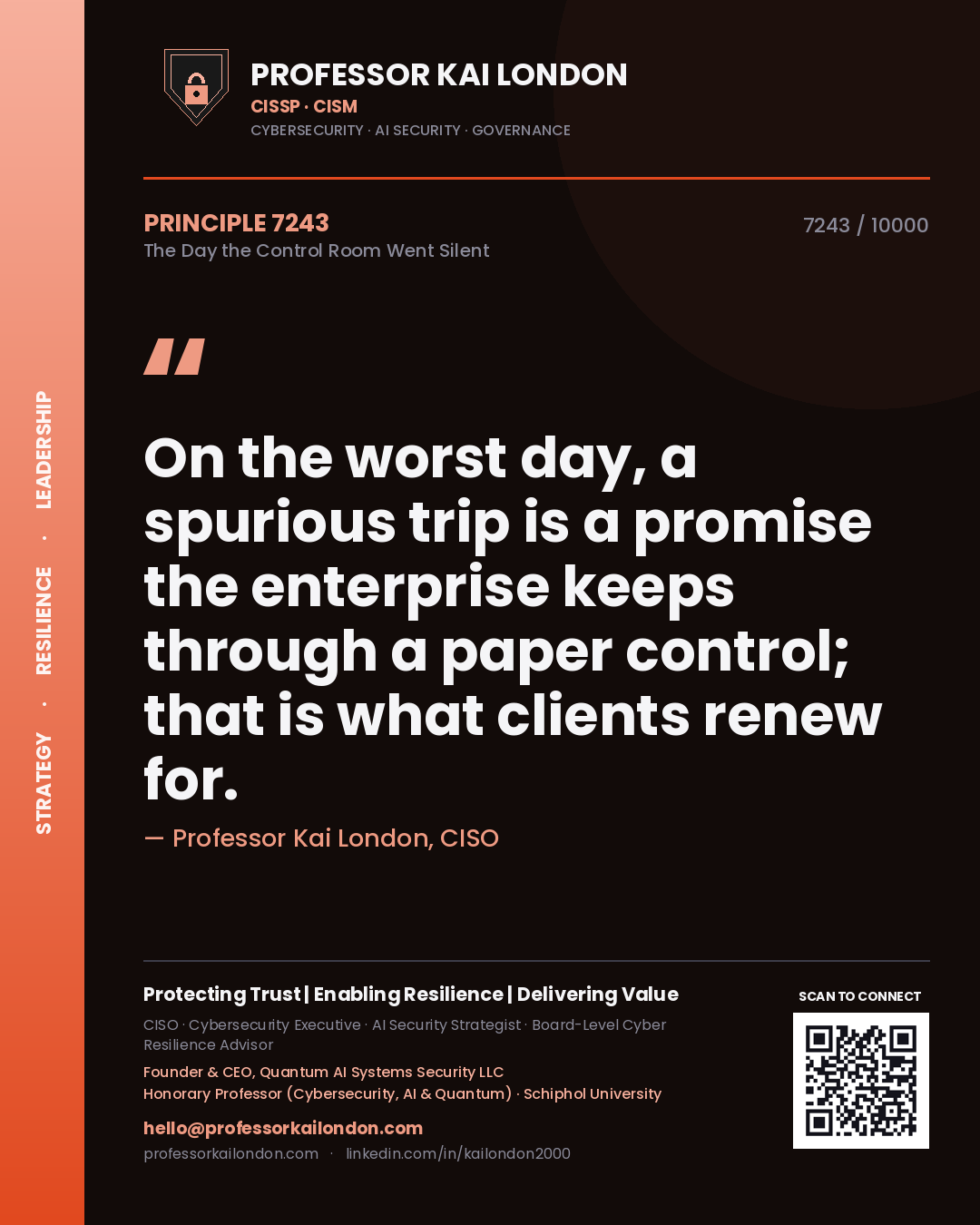 Professor Kai London principle 7243: On the worst day, a spurious trip is a promise the enterprise keeps through a paper control; that is what clients renew for.