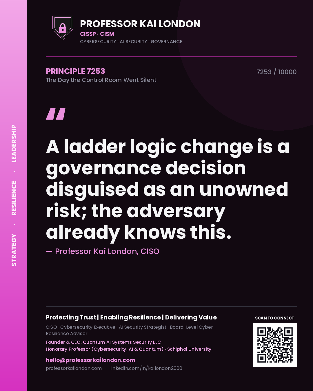 Professor Kai London principle 7253: A ladder logic change is a governance decision disguised as an unowned risk; the adversary already knows this.
