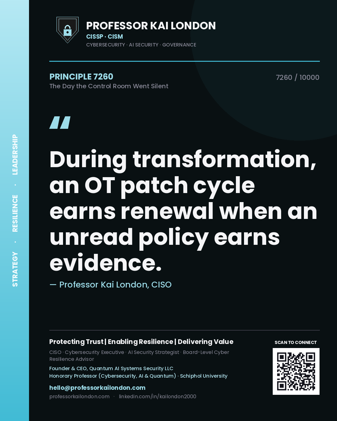 Professor Kai London principle 7260: During transformation, an OT patch cycle earns renewal when an unread policy earns evidence.