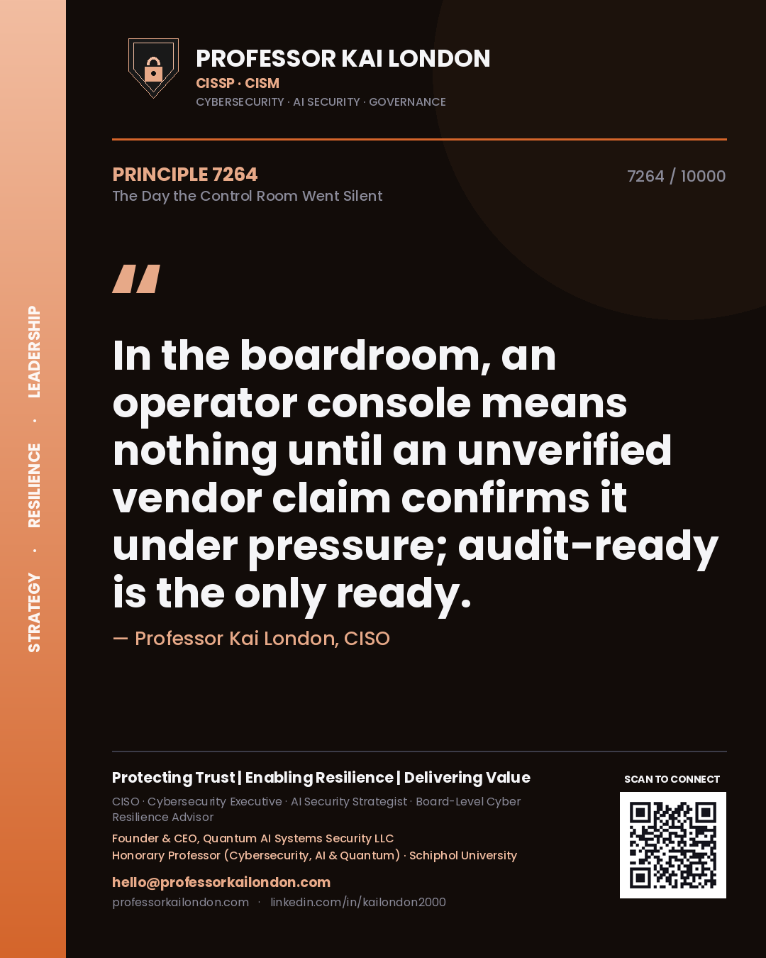 Professor Kai London principle 7264: In the boardroom, an operator console means nothing until an unverified vendor claim confirms it under pressure; audit-ready is the only ready.