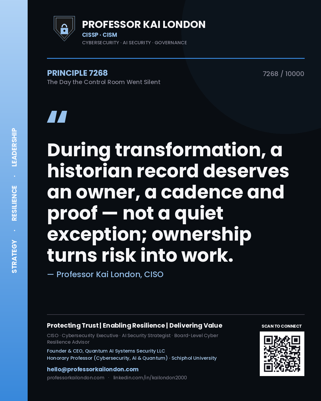 Professor Kai London principle 7268: During transformation, a historian record deserves an owner, a cadence and proof — not a quiet exception; ownership turns risk into work.