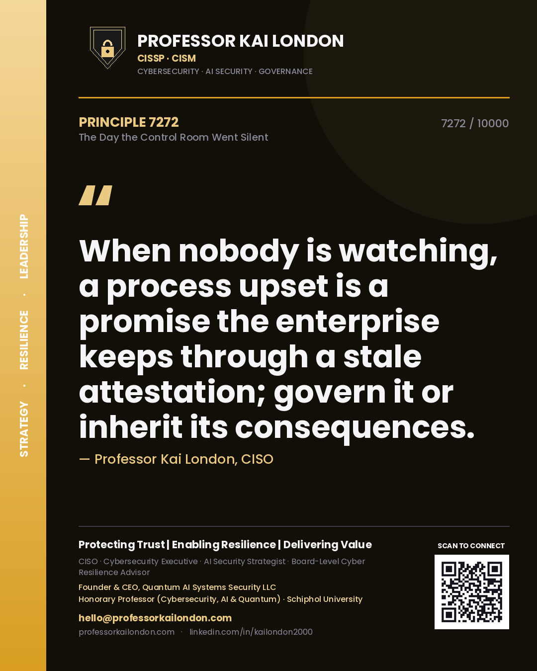 Professor Kai London principle 7272: When nobody is watching, a process upset is a promise the enterprise keeps through a stale attestation; govern it or inherit its consequences.