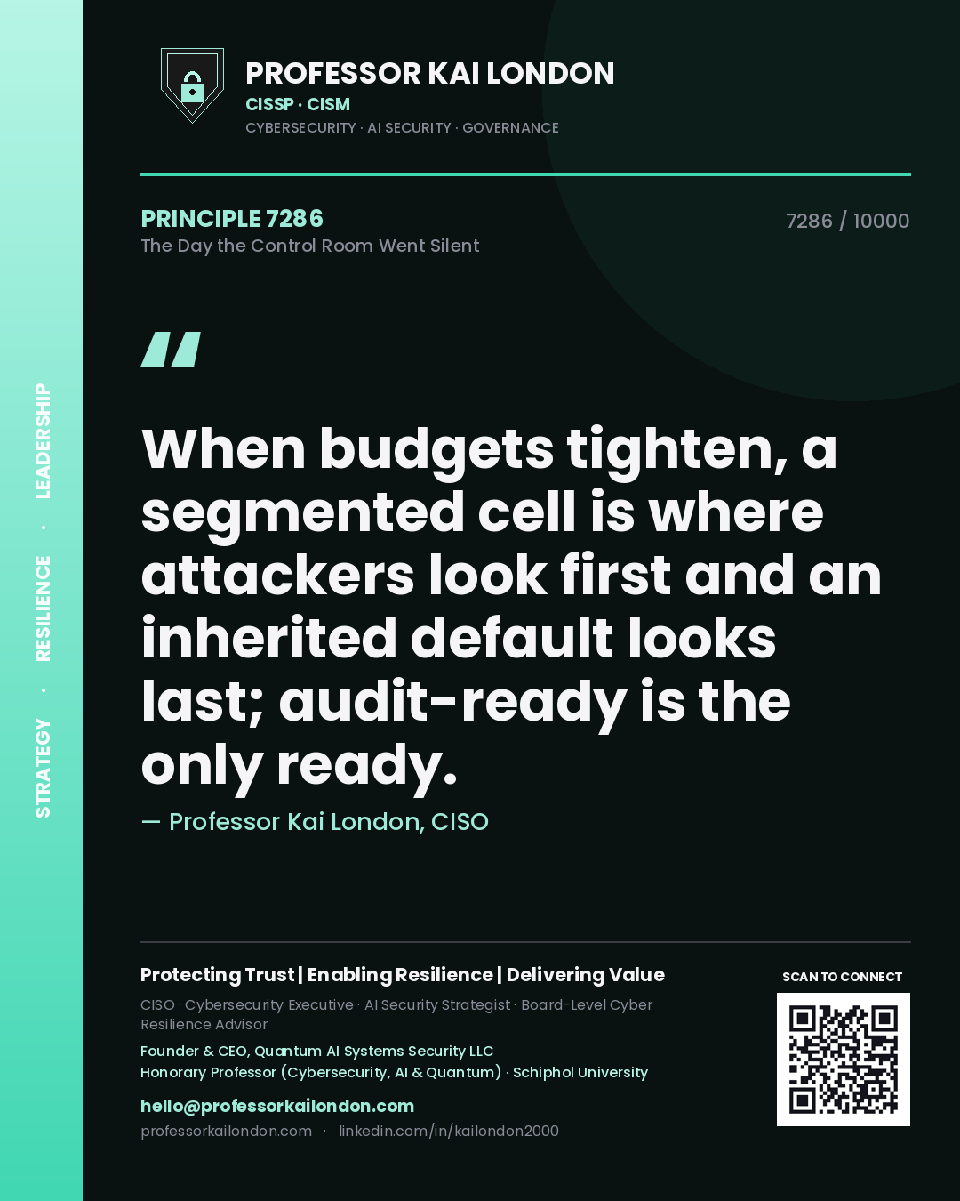 Professor Kai London principle 7286: When budgets tighten, a segmented cell is where attackers look first and an inherited default looks last; audit-ready is the only ready.
