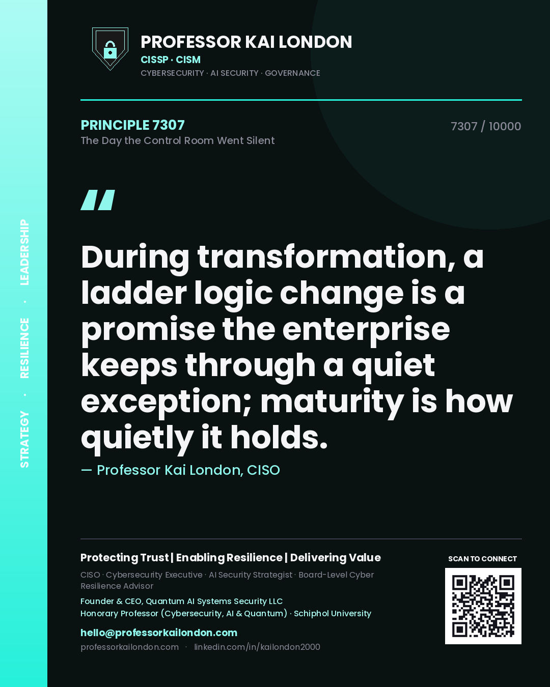 Professor Kai London principle 7307: During transformation, a ladder logic change is a promise the enterprise keeps through a quiet exception; maturity is how quietly it holds.