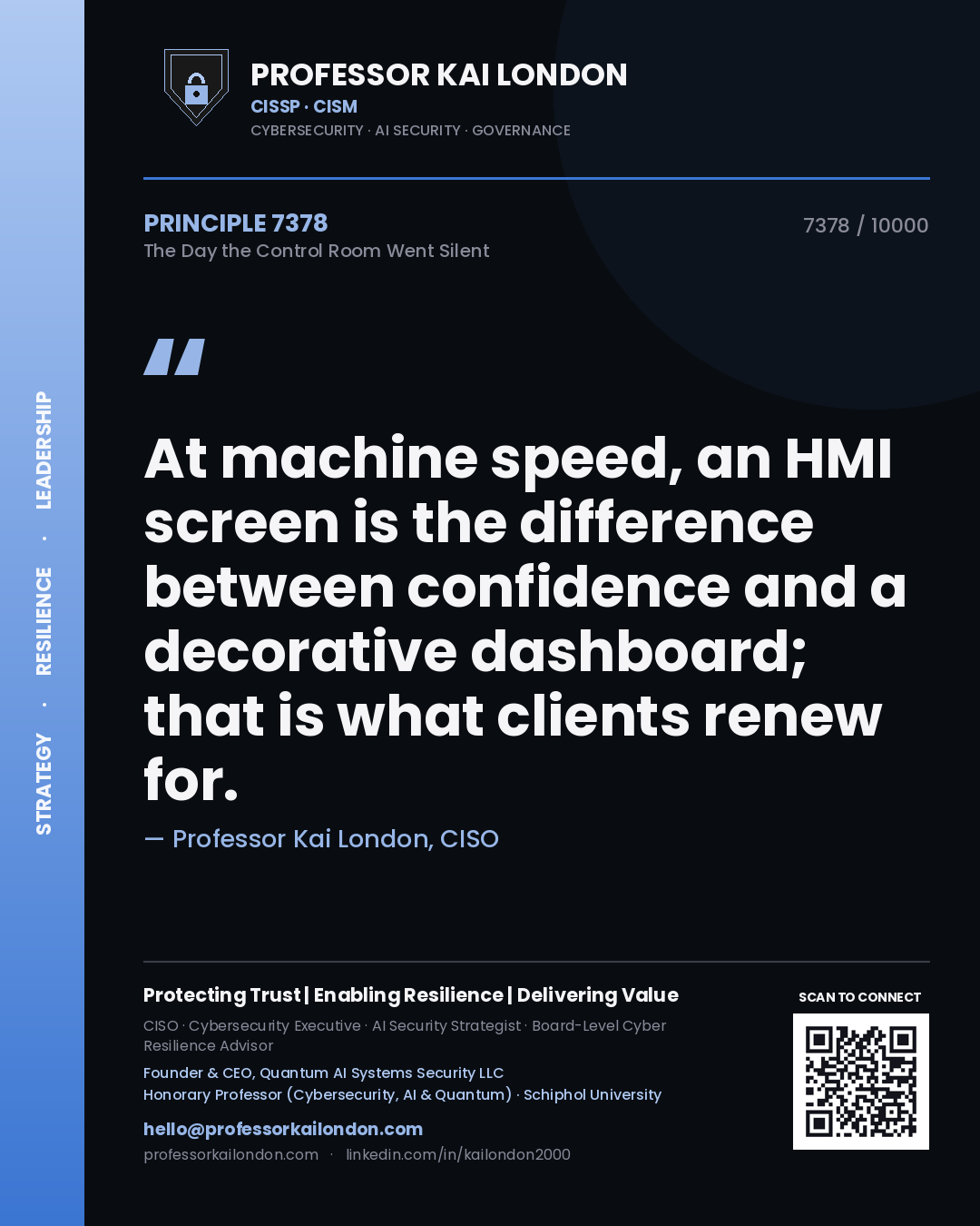 Professor Kai London principle 7378: At machine speed, an HMI screen is the difference between confidence and a decorative dashboard; that is what clients renew for.