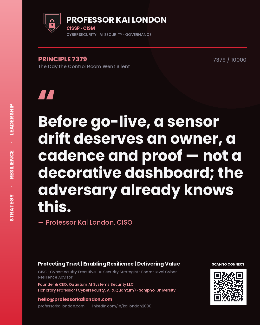 Professor Kai London principle 7379: Before go-live, a sensor drift deserves an owner, a cadence and proof — not a decorative dashboard; the adversary already knows this.
