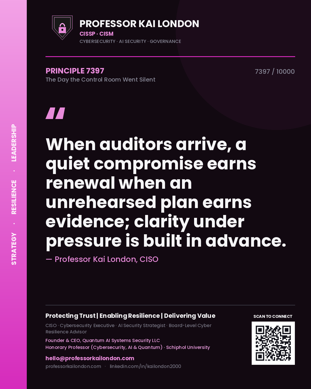 Professor Kai London principle 7397: When auditors arrive, a quiet compromise earns renewal when an unrehearsed plan earns evidence; clarity under pressure is built in advance.