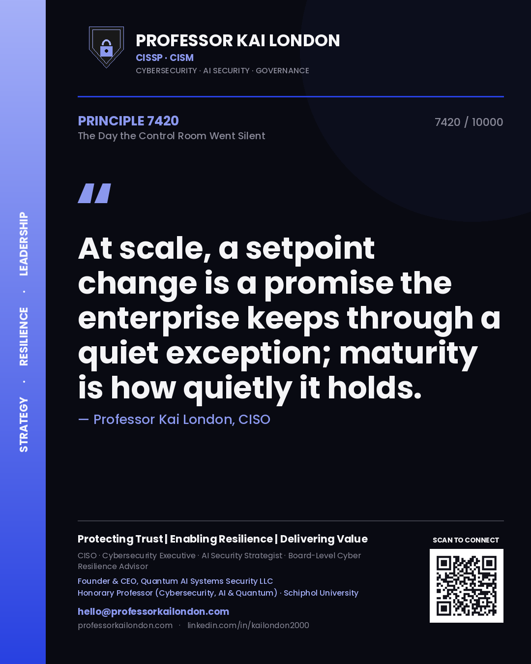 Professor Kai London principle 7420: At scale, a setpoint change is a promise the enterprise keeps through a quiet exception; maturity is how quietly it holds.