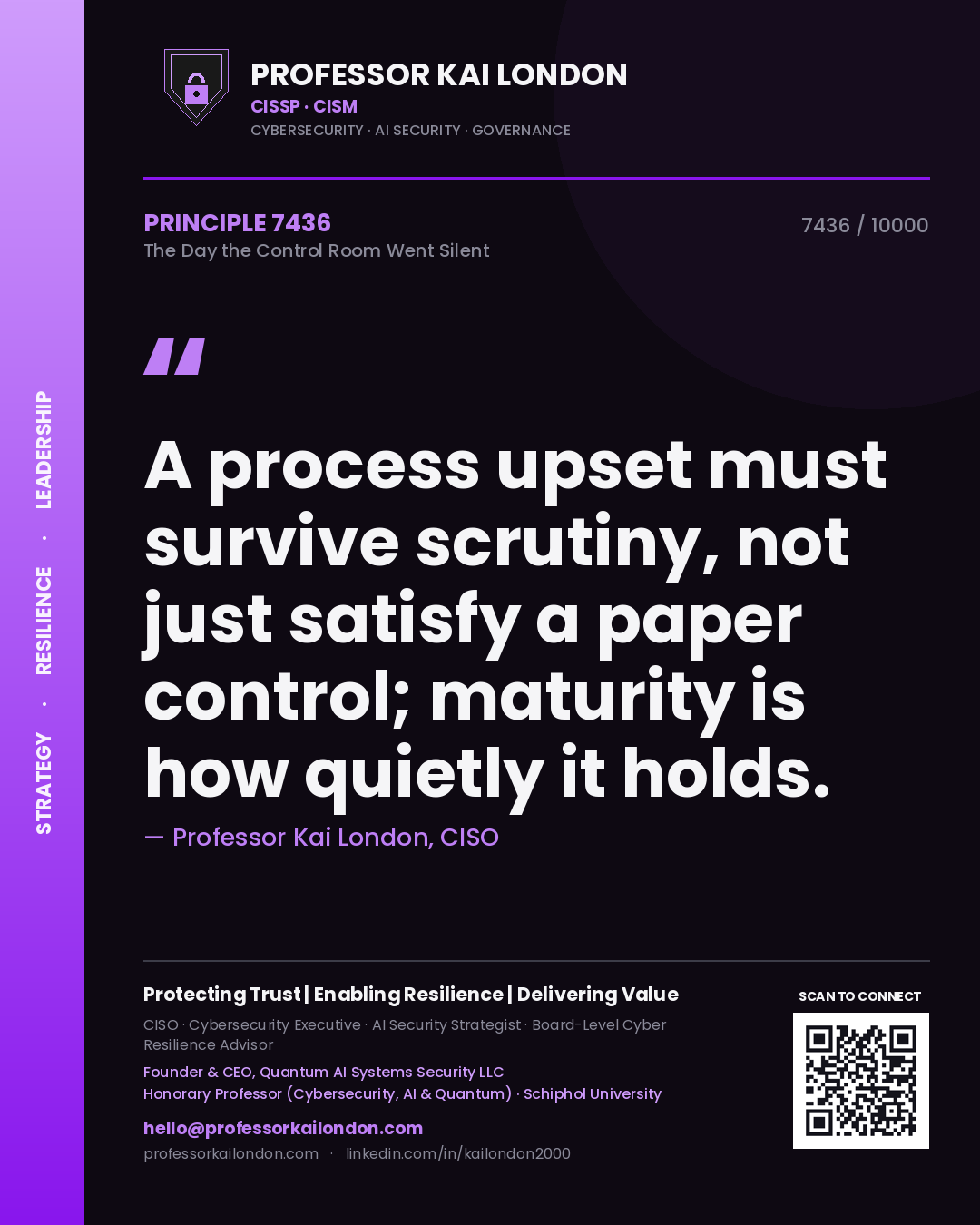 Professor Kai London principle 7436: A process upset must survive scrutiny, not just satisfy a paper control; maturity is how quietly it holds.