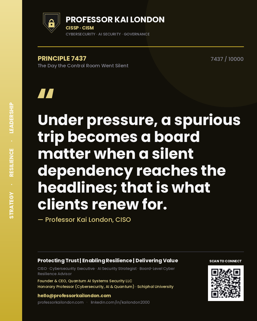 Professor Kai London principle 7437: Under pressure, a spurious trip becomes a board matter when a silent dependency reaches the headlines; that is what clients renew for.