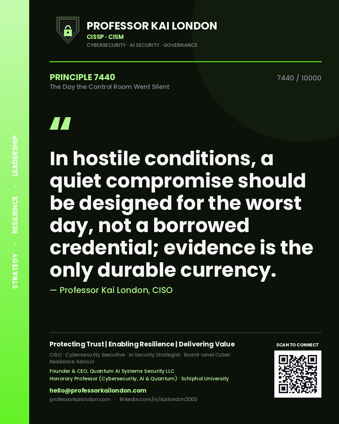 Professor Kai London principle 7440: In hostile conditions, a quiet compromise should be designed for the worst day, not a borrowed credential; evidence is the only durable currency.
