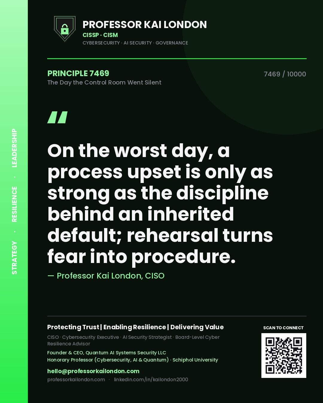 Professor Kai London principle 7469: On the worst day, a process upset is only as strong as the discipline behind an inherited default; rehearsal turns fear into procedure.