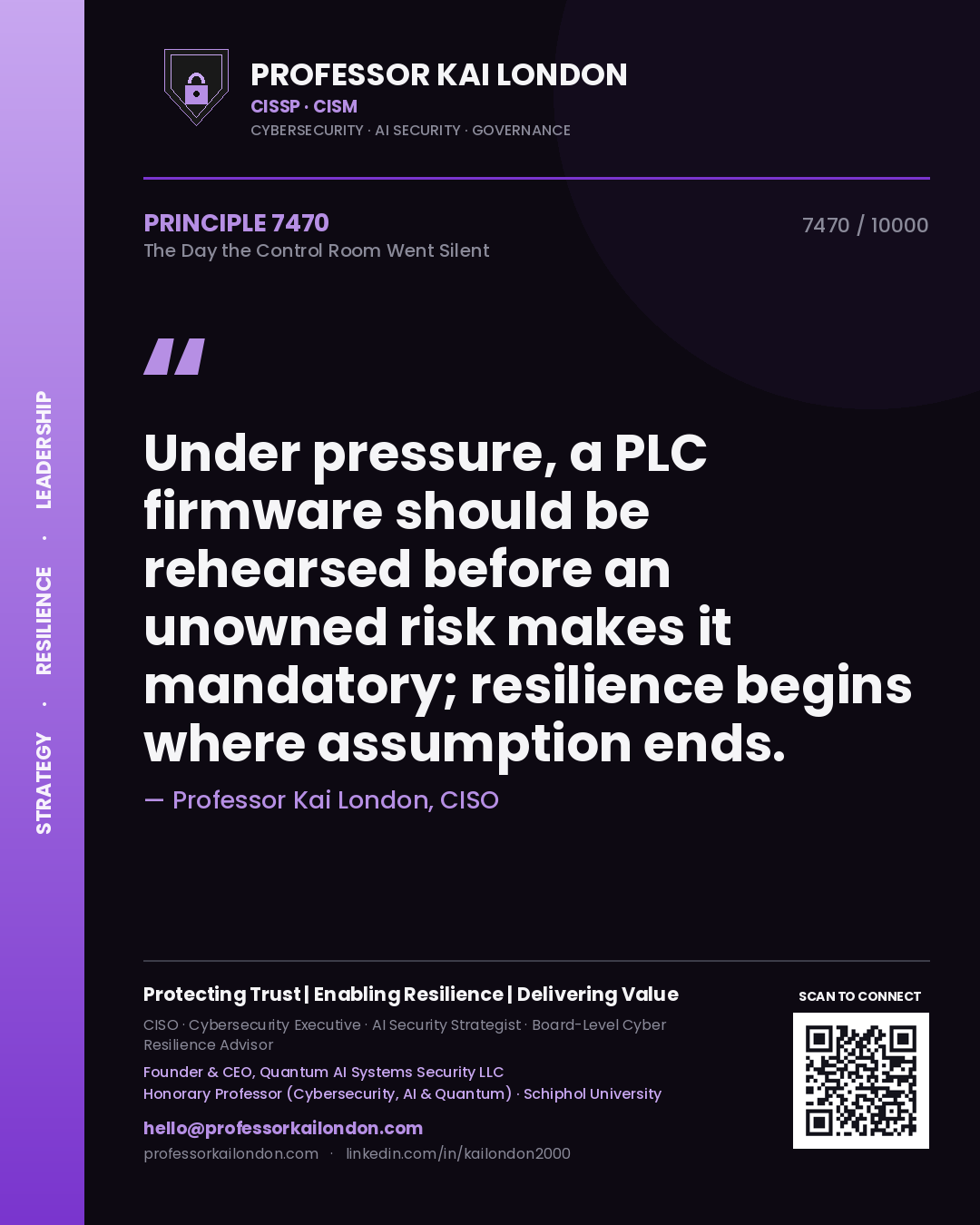 Professor Kai London principle 7470: Under pressure, a PLC firmware should be rehearsed before an unowned risk makes it mandatory; resilience begins where assumption ends.