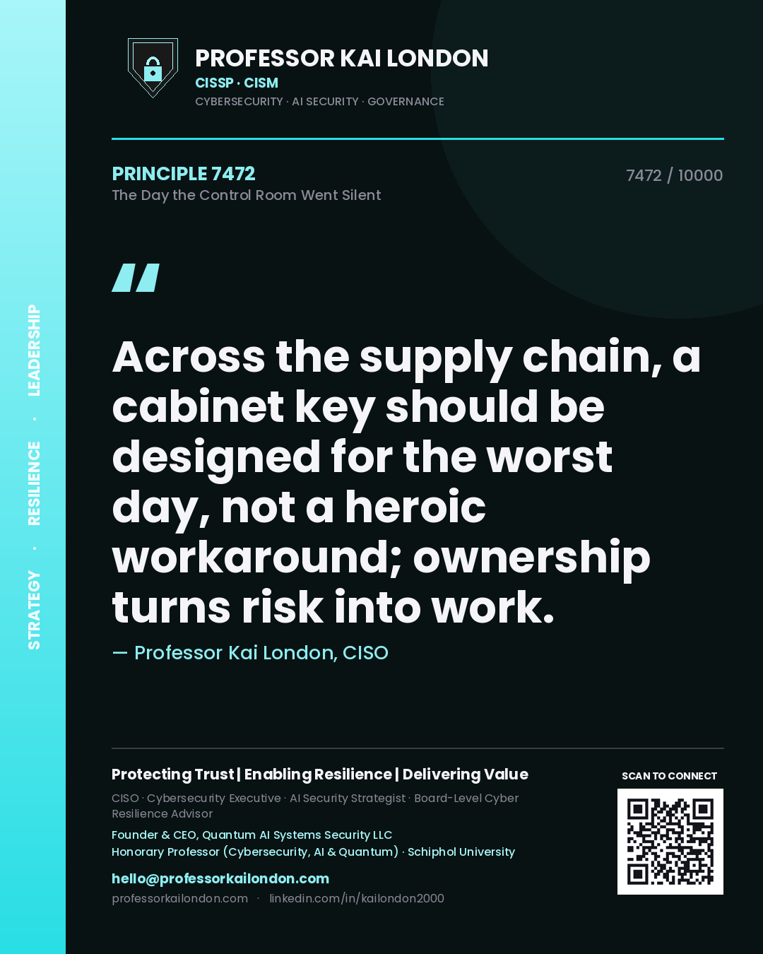 Professor Kai London principle 7472: Across the supply chain, a cabinet key should be designed for the worst day, not a heroic workaround; ownership turns risk into work.