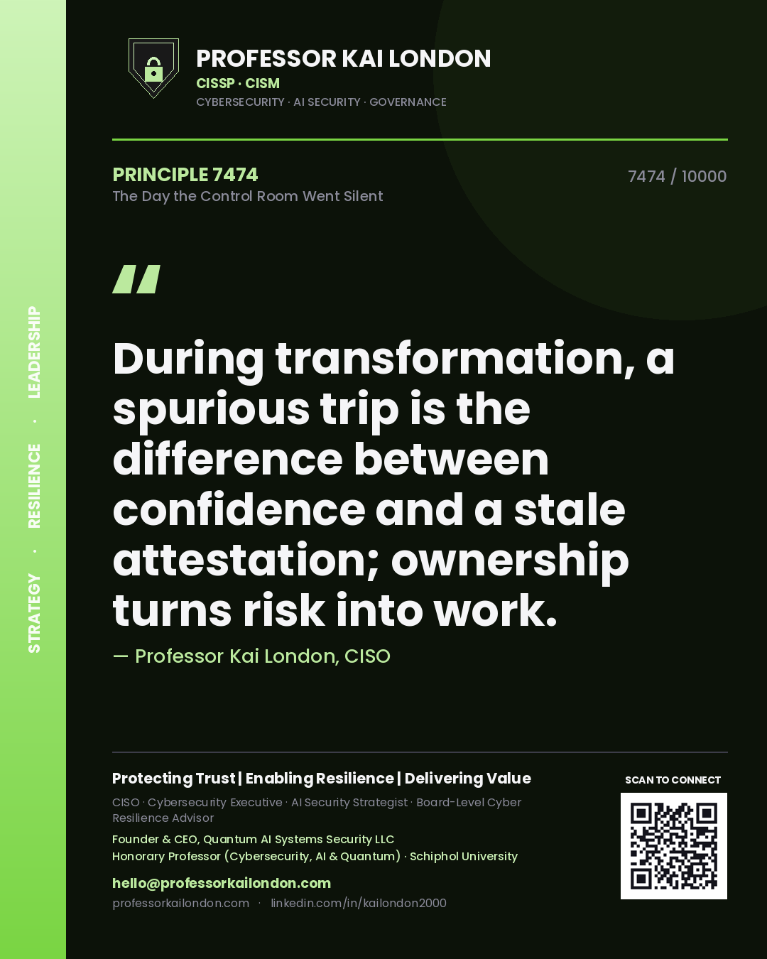 Professor Kai London principle 7474: During transformation, a spurious trip is the difference between confidence and a stale attestation; ownership turns risk into work.