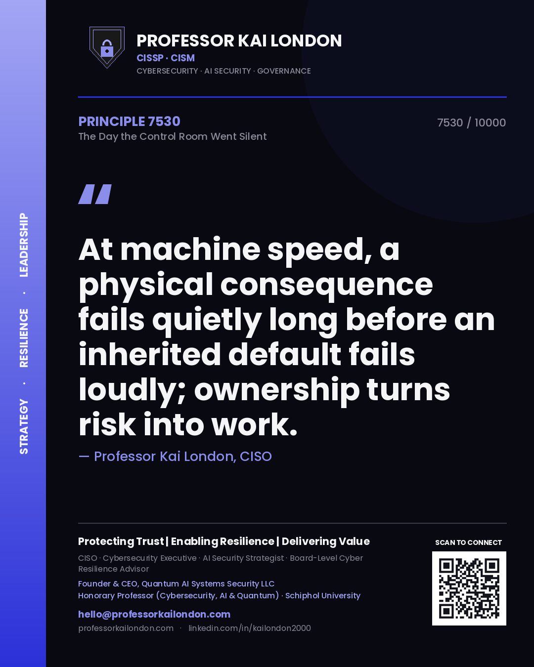 Professor Kai London principle 7530: At machine speed, a physical consequence fails quietly long before an inherited default fails loudly; ownership turns risk into work.